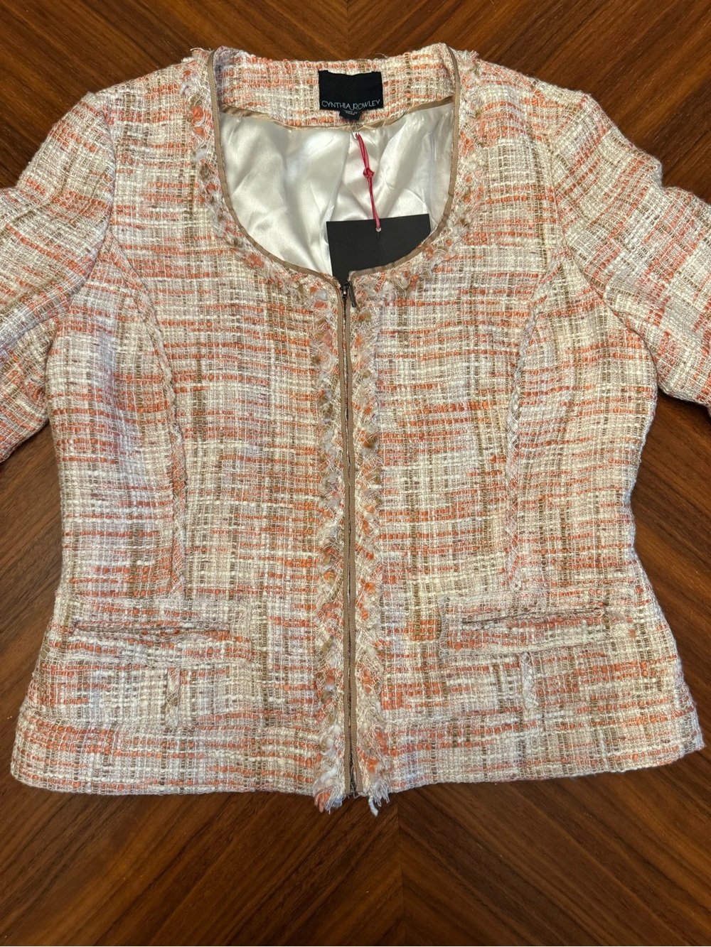 Cynthia Rowley Coral Cream Tweed Bouclé Fringe Zip Jacket Blazer - Picture 5 of 15